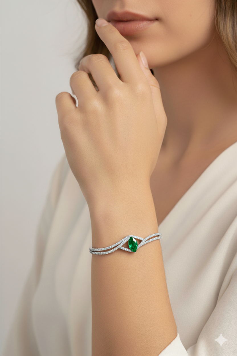 FABLLERY Anti-Tarnish Baguette Green Stone Chain Bracelet