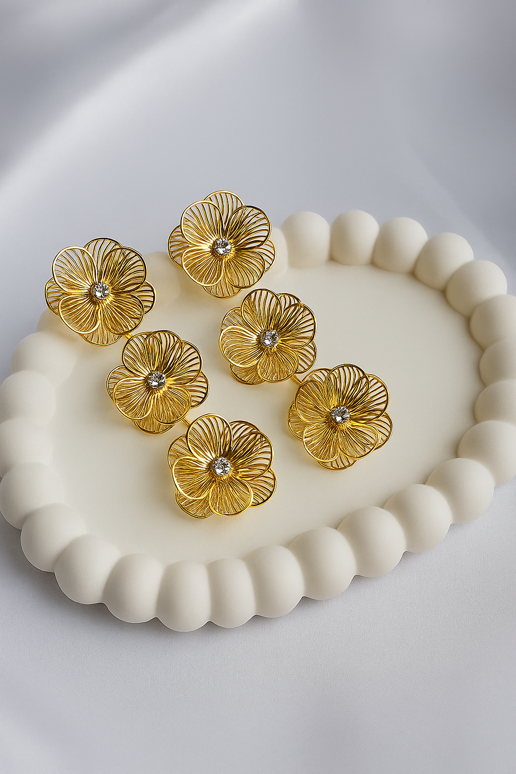 FABLLERY Anti-Tarnish Golden Premium Brass Triple Flowers Earrings