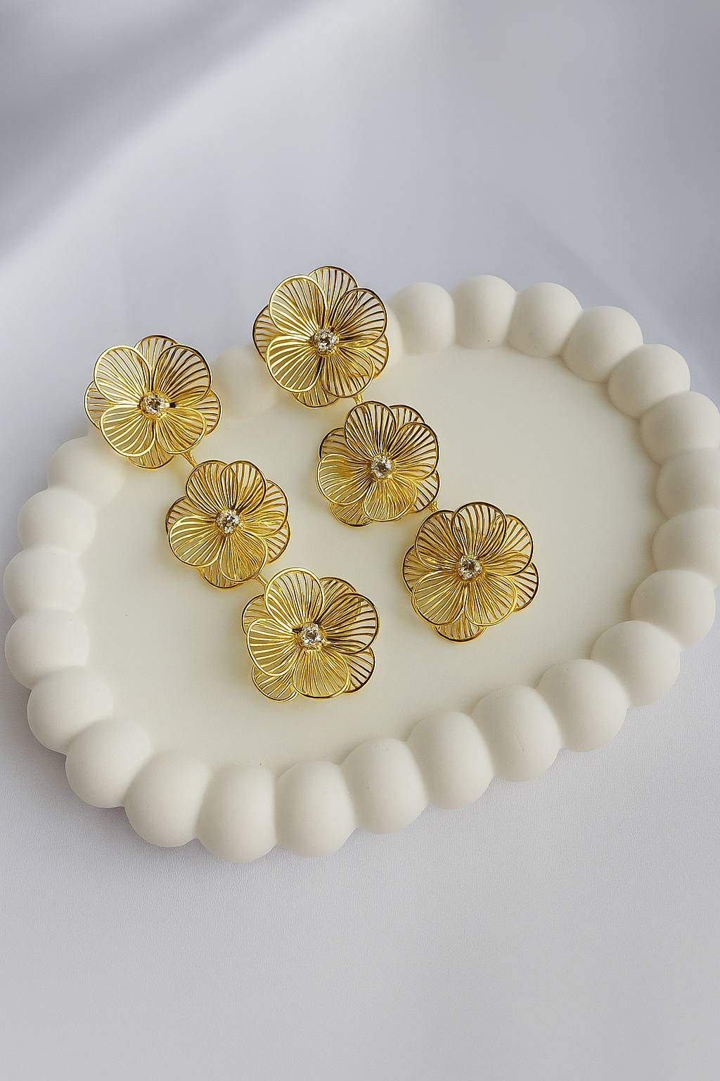 FABLLERY Anti-Tarnish Golden Premium Brass Triple Flowers Earrings